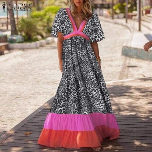 Women Bohemian Hem Floor Dress Holiday Beach A Line Sundress ZANZEA Patchwork Leopard Vestidos 2021 Summer V Neck Ruffle Dresses