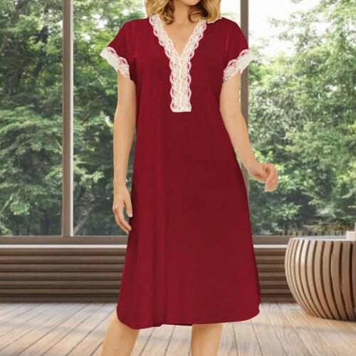 Women dress Long Nightgown Lace stitching Short Sleeve pajamas V-collar Nightshirt homewear dress lady sexy plus size dress