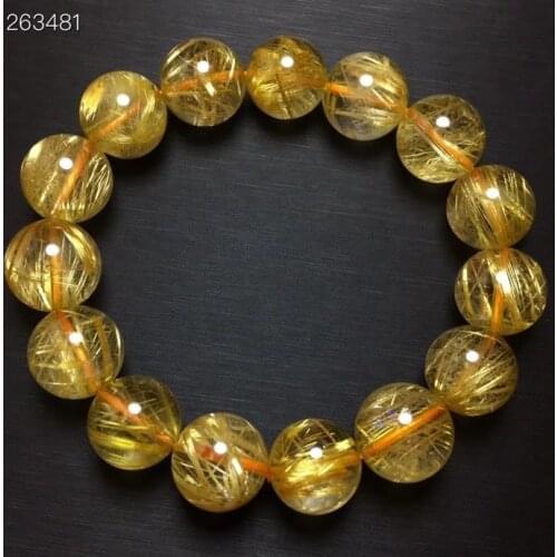 14mm Brazil Natural Gold Rutilated Quartz Bracelet Clear Round Beads Women Men Fashion Big Size Bead Wealthy Stone AAAAAAA