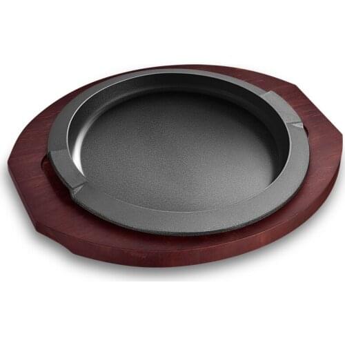 Cast iron grilled meat pan fried double ear steak thickened round BBQ barbecue plate roasitng baking cooking pot wooden tray set