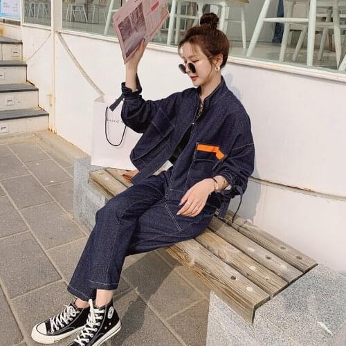 Spring Autumn Women Denim Two Piece Sets Jacket and Pants Female Streetwear Hip Hop Loose Casual Cargo Coat Harem Jeans Outfits