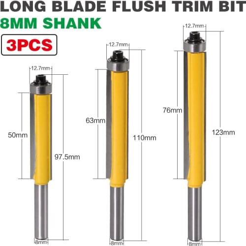 3pc 8mm Shank Flush Trim Router Bit with Bearing for Wood Template Pattern Bit Tungsten Carbide Milling Cutter for Wood 02017