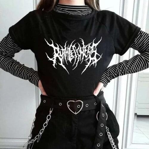 Футболки Korean Womens T-shirt Black Cotton Oversized Express Hip-Hop Top Harajuku Retro Beautiful Gothic Graphic Punk Clothing