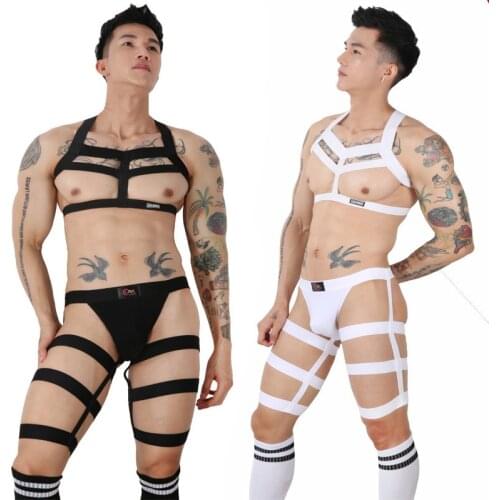 Mens Harness Straps Underwear Sexy Body Bondage Lingerie Set Hollow Out Long Socks Leg Belt Briefs Elastic Erotic Fetish Costume
