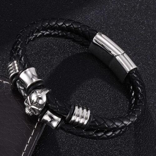 Punk Black Leather Bracelet Men Jewelry Stainless Steel Skull Beads Braided Bracelets Magnetic Clasp Wrist Band Gifts ST0333