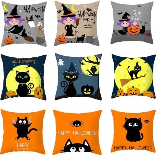 Halloween Cushion Cover Halloween Pumpkin Black Cat Decorative Pillowcase Halloween Cartoon Witch Pillow Case Cushion Cover