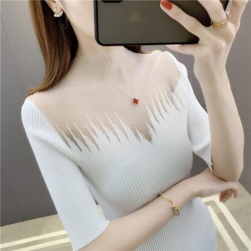 Room 198052, row 5, No. 6, top] real shot solid lace splicing short sleeve T-shirt 38