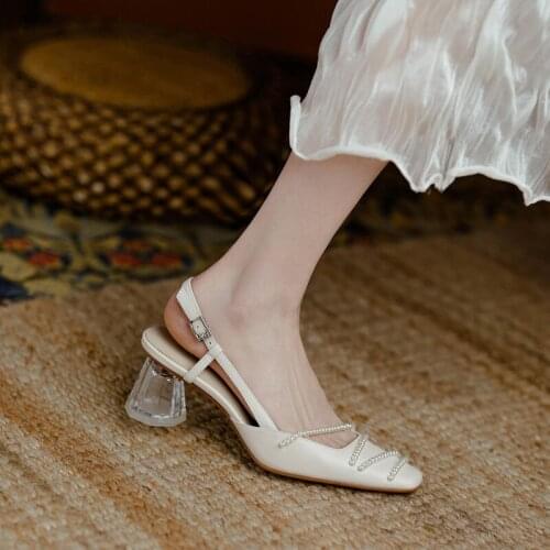 One Word Buckle Solid Color Pearl Ladies Sandals Summer New Fashion High Heel 8 Cm Pointed Sexy High Heels Hot Sale