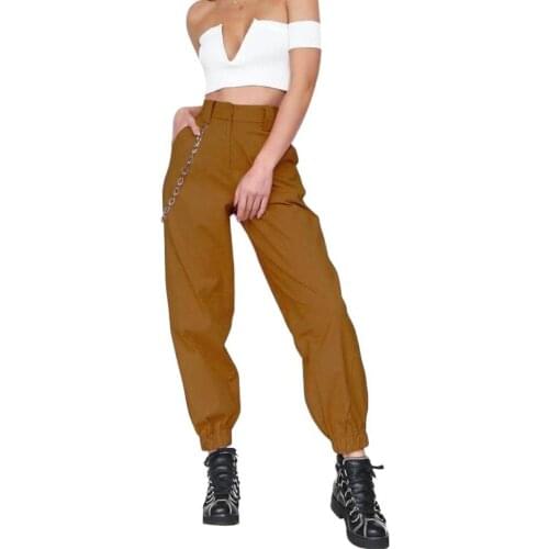 Casual Women Pants Solid Color Sports Cargo Pants Loose Ankle Tie Trousers with Chain штаны