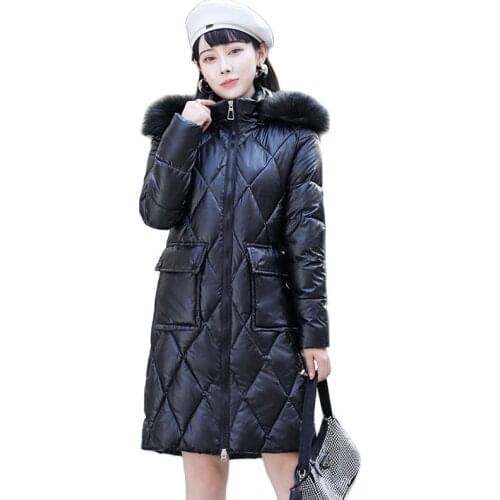 Big Fur Collar Hoodies Womens Winter Cotton Puffy Jacket 2021 New Glossy Thick Warm Parka Women Large Size Slim Long Black Coat
