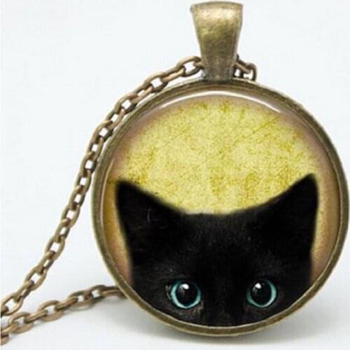 Unique Necklace Glass Cabochon Silver Bronze Chain Necklace Tradition Black Cat Picture Vintage Pendant Necklace For