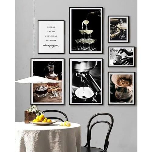 Whiskey Champagne Coffee Wine Drink Kitchen Poster Art Print Food Canvas Painting Wall Picture Dining Room Restaurant Decoration