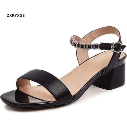 2020 New Top Cowhide Fish Mouth Open Shoes Woman Sandals Rhinestones Genuine Leather Sandals Comfort Thick Heel Fashion Sandals