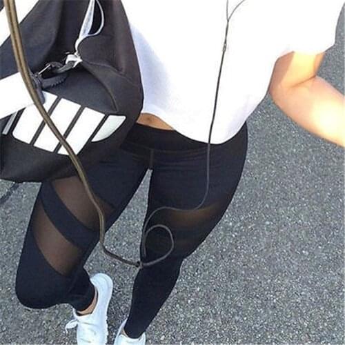 See Through Ladies Mesh Patchwork Skinny Leggings High Elastic Fitness Sporty Gym Women Workout Pants High Waisted Trousers