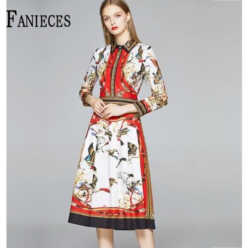 Spring Fashion Printed Runway Shirt Dress 2020 Womens Long Sleeve Vintage red green A-Line Print Midi party Dress vestidos