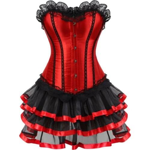Goth Corset Dress Women Vintage Lace-Up Sexy Lace Bustier Red Stripe Overbust Corset and Mini Skirt