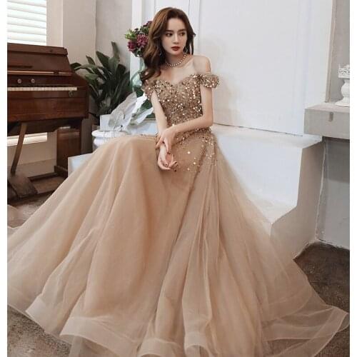 Champagne Elegant Sleeveless One Shoulder Sequins Chiffon Prom Dresses Sexy Bandage Party Gowns Cheongsam Vestido De Festa