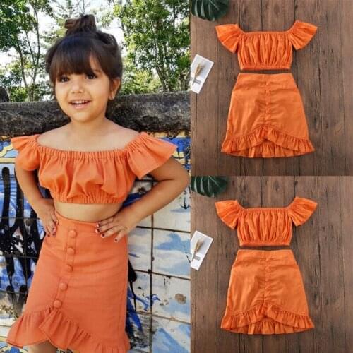 2PCS Toddler Kids Baby Girl Clothes Off Shoulder Tops Crop+Skirt Summer Child Girl Clothing Set Outfit Sunsuit