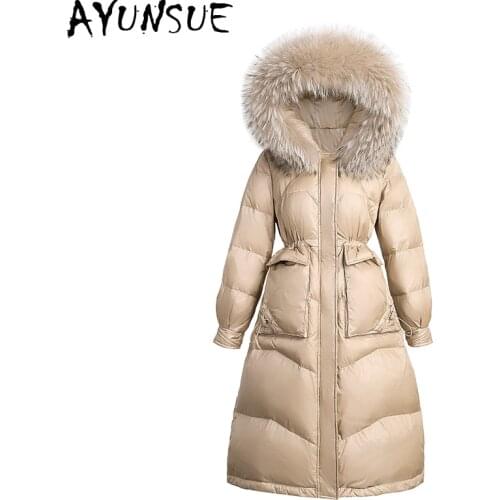 AYUNSUE Korean Winter Down Jacket Women Real Raccoon Fur Collar Long Puffer Coat Warm Woman Parkas High Quality Doudoune Femme