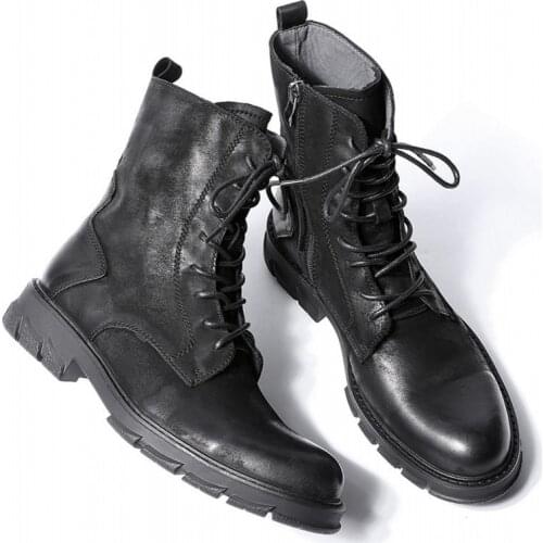 Military British Fashion New Mens Genuine Leather Cargo Boots Thick Bottom Lace Up Zip Round Toe Male Nubuck Cow High Top Boots