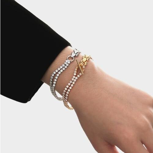 Brass With 18K Gold AAA Zircon Chains Bracelet Women Jewelry Designer T Show Runway Sweety Boho Japan Korean Sample Trendy