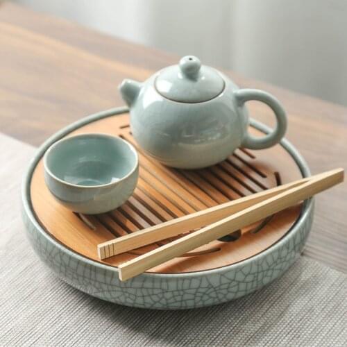 Longquan Celadon Tea Set Small Tea Tray Ceramic+Bamboo Water Storage Tea Table Tea Simple Round Tea Saucer Tea Plate