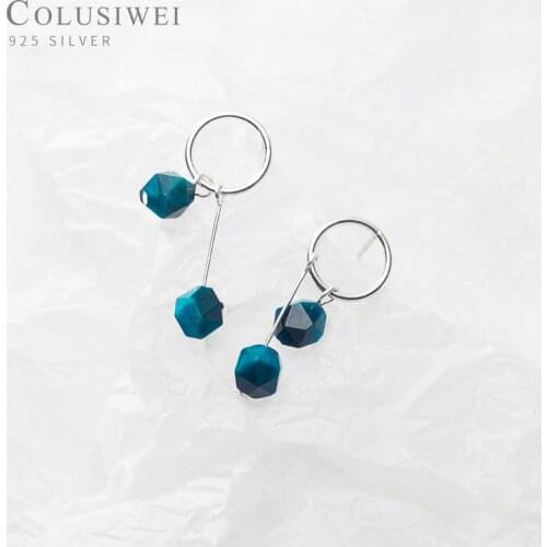 COLUSIWEI Genuine 925 Sterling Silver Round Blue Crystal Drop Earrings for Women Geometric Dangle Earring Fine Jewelry Brincon