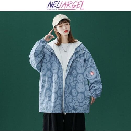 NELLARGEL Women Face Y2k Harajuku Designer Jackets 2021 Female Winter Graphic Streetwear Jackets Girl Vintage Kpop Loose Jackets