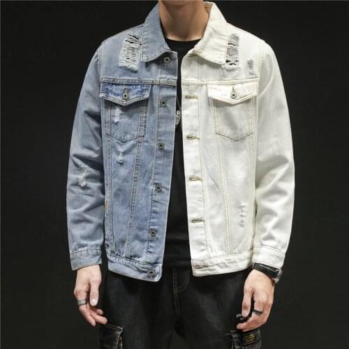 2021 Men Hip Hop Blue white Patchwork Slim jeans Jackets Streetwear male Solid color Cotton Casual Denim Jacket Plus Size 5XL