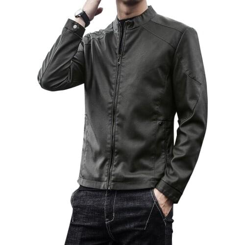 New Spring Mens Leather Jackets Stand Collar Motorcycle Pu Casual Slim Fit Coat Outwear Fashionable Biker Clothes