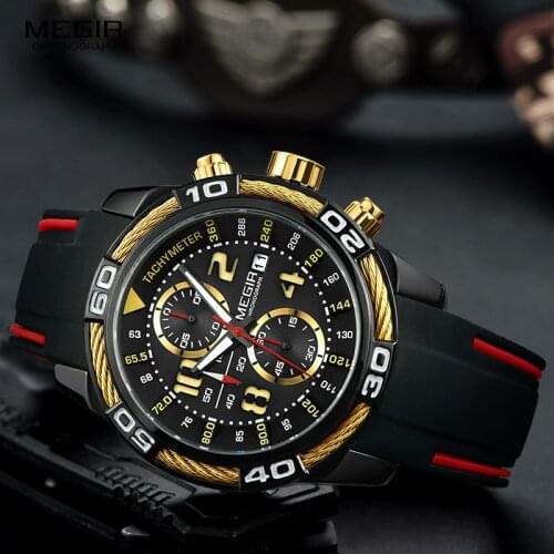 Megir Mens Sports Chronograph Quartz Wrist Watches Waterproof Silicone Army Racing Luminous Clock Relojios Masculinos 2045-1N3
