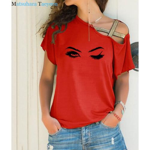 Fashion Lash & Brows Eyes T Shirt Women Summer T-shirt Clothing Top Casual Women T Shirt Tops Irregular Skew Cross Bandage