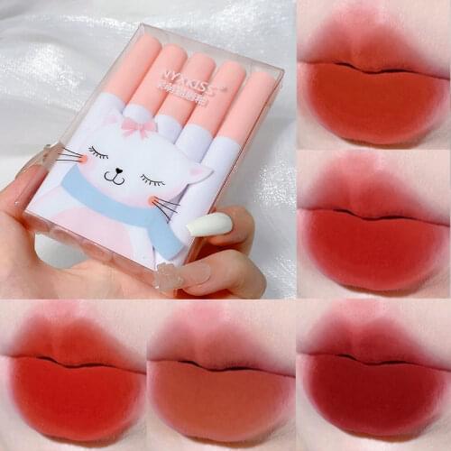Creative Cigarette Lipstick Set 5 Colors/Set Matte Long Lasting Waterproof Non-Stick Cup Matte Lip Glaze Red Lips Makeup Gifts