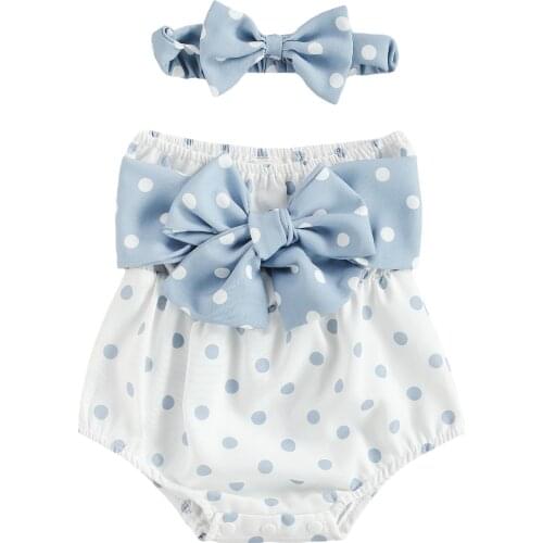 New 2 Pcs Bowknot Outfits, Baby Girl Strapless Polka Dot Print Boat Neck Romper + Headband