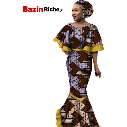 Free Headwrap African Dresses for Women Dashiki Print Patchwork Traditional African Clothing long Mermaid Party Dress WY5584