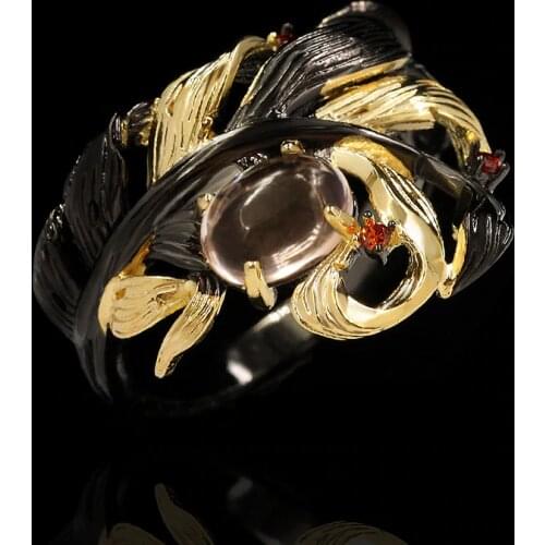 Retro Ethnic Leaves Winding Irregular Black Translucent Crystal Ring Luxury Exaggerated 925 Jewelry Wedding Ring