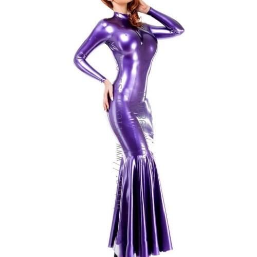 Luxury 100% handmade metallic purple evening long slim latex dress bondage what is made of 0.4mm thickness natural latex