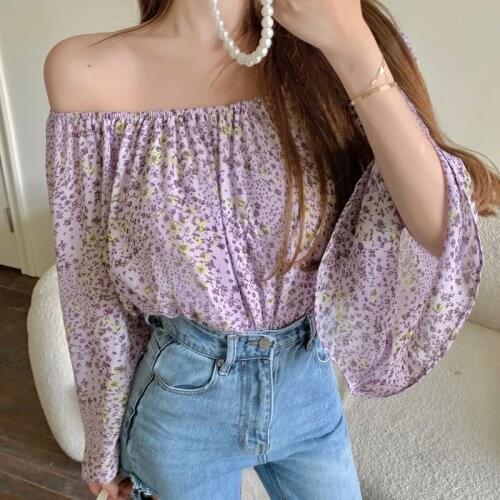 Chiffon Bohemian Slash Neck Loose A Word 2021 SummerS Shirts Fairy Girl Tale Of Dew Shoulder Unlined Floral Garment Collarbone