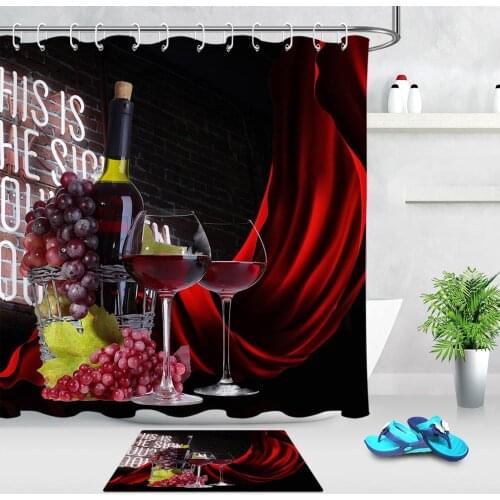 Grape Wine Brick Wall Red Curtain Shower Curtains Valentines Day Waterproof Polyester Fabric Bathroom Bath Curtain Door Mat
