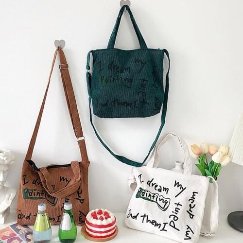Ladies Corduroy Handbag Female Cute Letter Printing Shoulder Bag Ladies Tote Bag Student Book Bag Casual Crossbody Bag for Grils