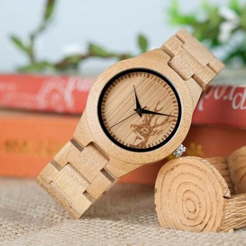 BOBO BIRD Women Watches Relogio Feminino Elk Engraved Face Bamboo Wooden Wristwatches Luxury Brand Handmade Wood Strap C-dE04