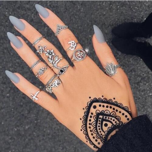 Vintage Silver Color Rose Flower Elephant Cross Rings Set Female Bohemian Rings for Women Knuckle Ring 2018 Fashion Jewelry