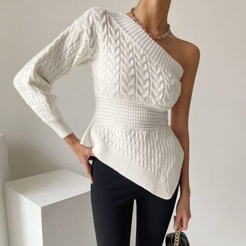 Korean Irregular Oblique Collar Women Short Knitted Pullover Sweater Jumper Tops Sexy Off-shoulder Long Sleeve Ladies Knitwear