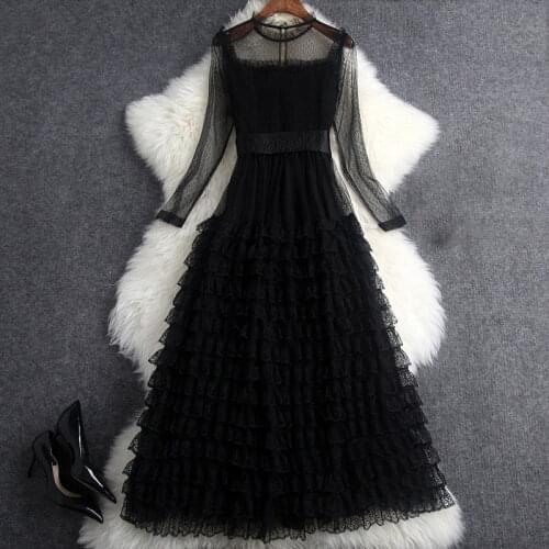 Lady Dress 2021 Spring Autumn New Style Black Sexy Temperament Elegant Lace Stitching Mesh Multi Layer Cake Dress For Party y808