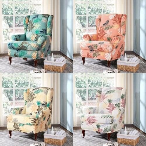 2pcs/set Wing Chair Cover Plants Leaves Printed ArmChair Slipcover Wingback Chair Cushion Cover Stretch Spandex Chair Dustcover