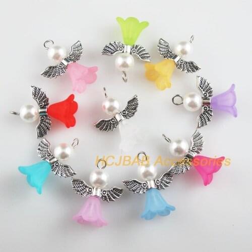 20 New Dancing Angel Charms Mixed Acrylic Tibetan Silver Wings Pendants 21.5x26mm