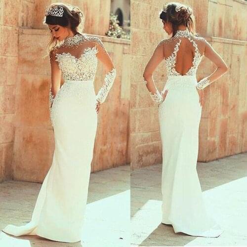 2020 Elegant Sheer Back Sheath Wedding Dresses High-neck With Pearls Long Sleeves See Through Bridal Wedding Gowns Sexy Backless