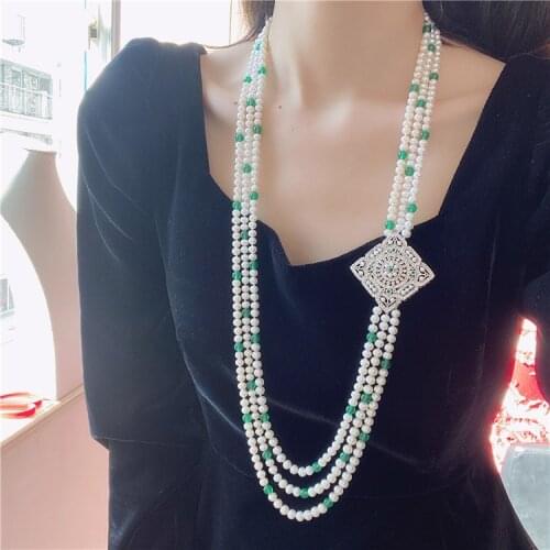 3 Strands White Pearl With Green Round Agate Gems Stone CZ For Women Lady Jewlery