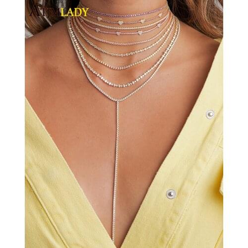 Pastel color cz Heart charm Tennis chain jewelry 5 pcs cute sweet heart charm link chain valentines gift choker necklace