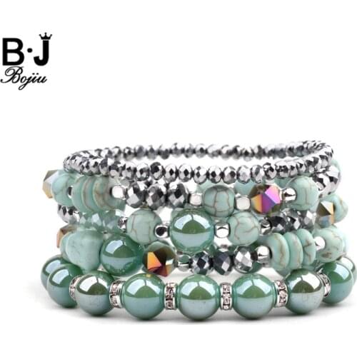 5 Pcs/Set Bohemian Jewelry Ladies Bracelets Sets Women Natural Turq. Stone Cut Crystal Glass Beads Rondelle Bracelets BCSET258